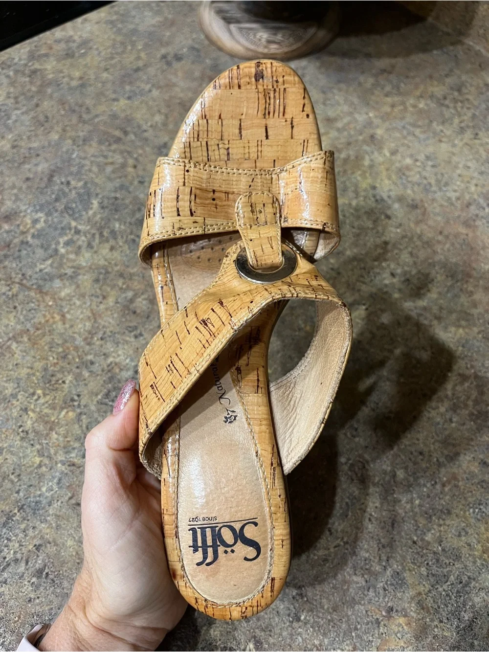 Söfft Women’s Size 8M Cork Platform Slide Sandals Tan Heels Leather Lined Boho